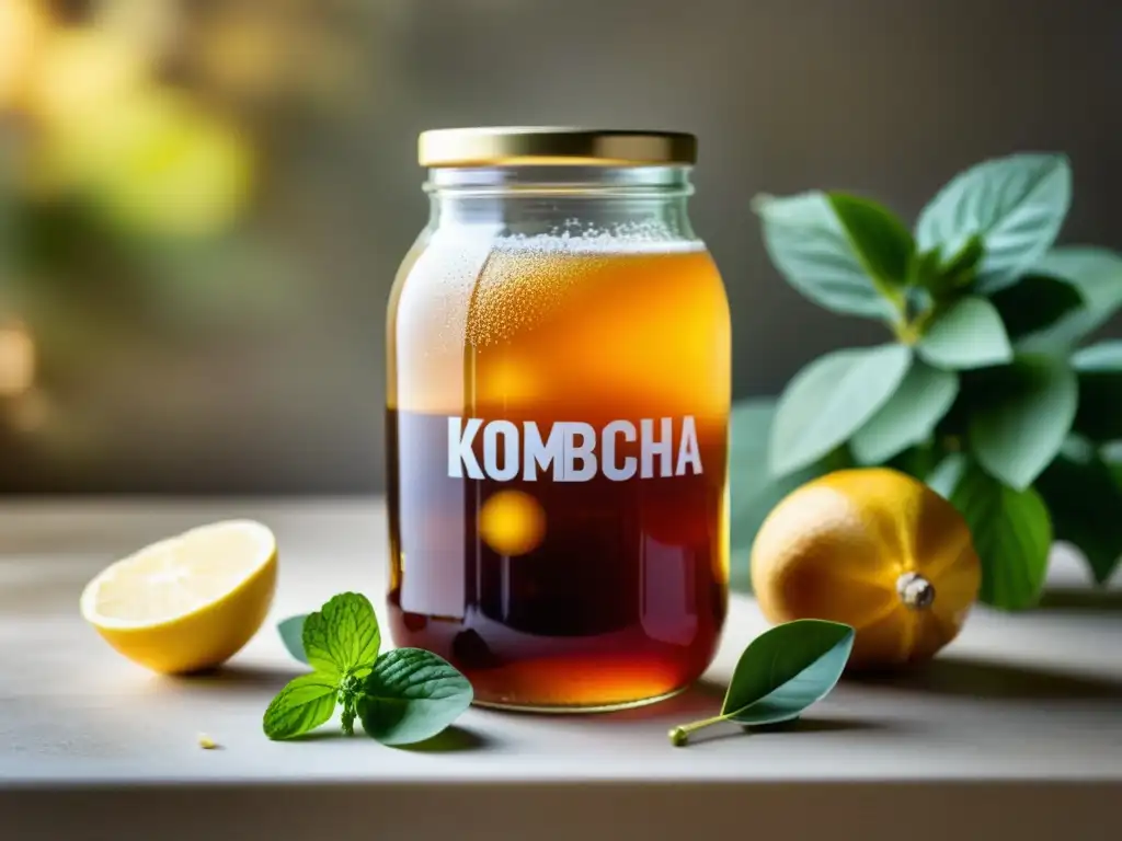 Una jarra de vidrio llena de kombucha burbujeante rodeada de ingredientes frescos