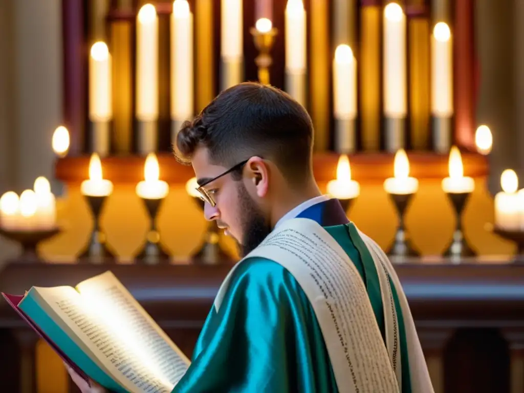 Un joven concentrado lee la Torá en su Bar Mitzvah, con un ambiente reverente y cálido