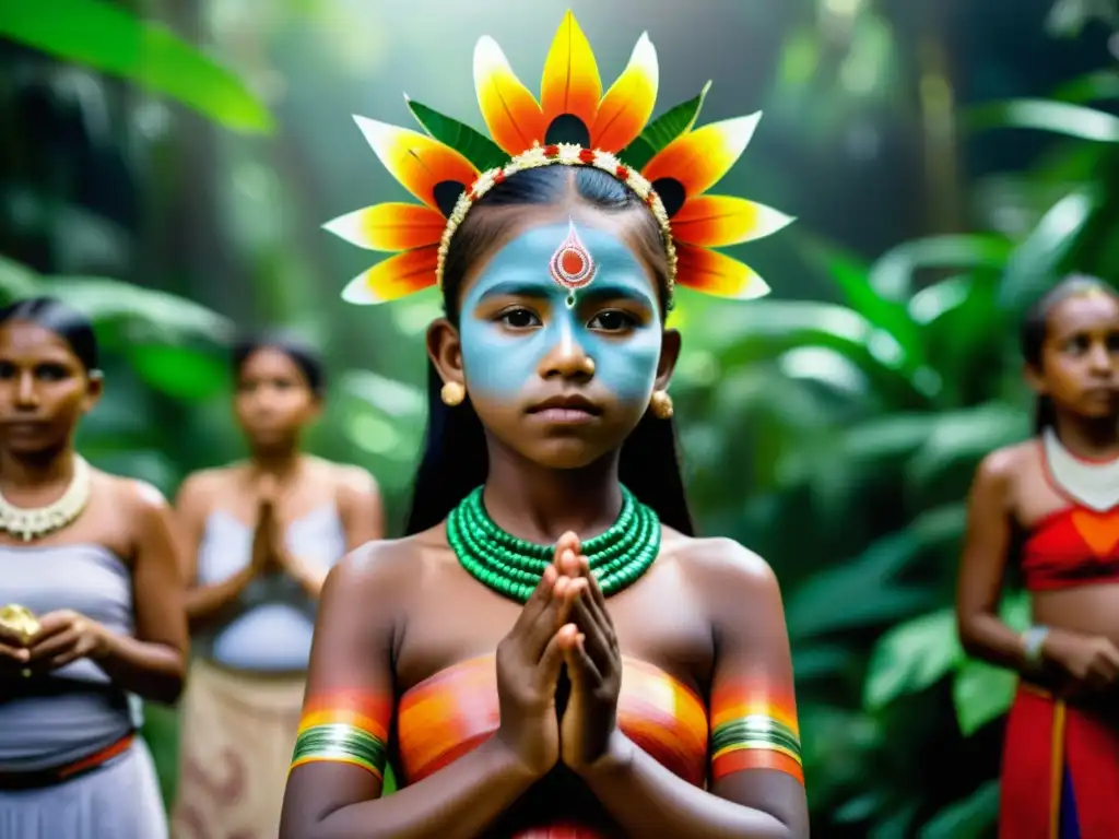 Joven en ritual de transición con atuendo ceremonial y pintura corporal, rodeada de la comunidad en la selva