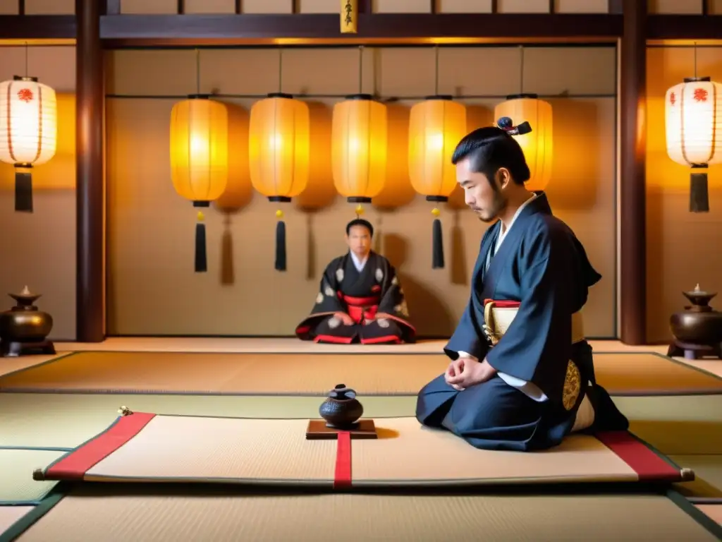 Un joven samurái participa en un solemne rito de iniciación Genpuku en una hermosa habitación tatami decorada