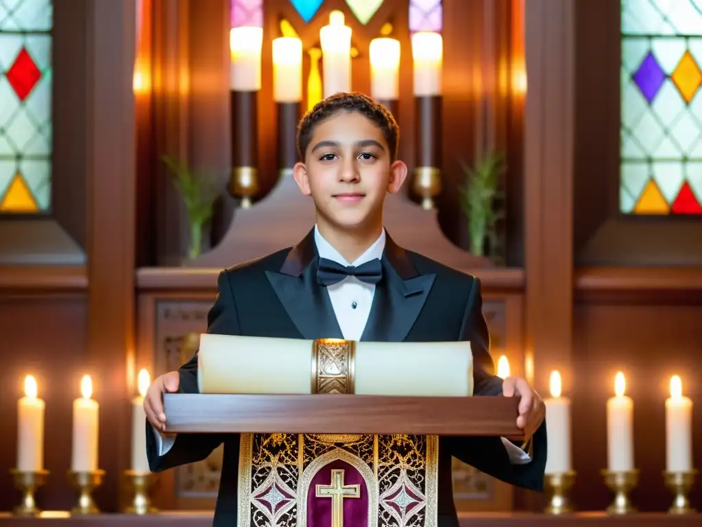 Joven en ceremonia Bar Mitzvá con Torah en sinagoga iluminada por velas