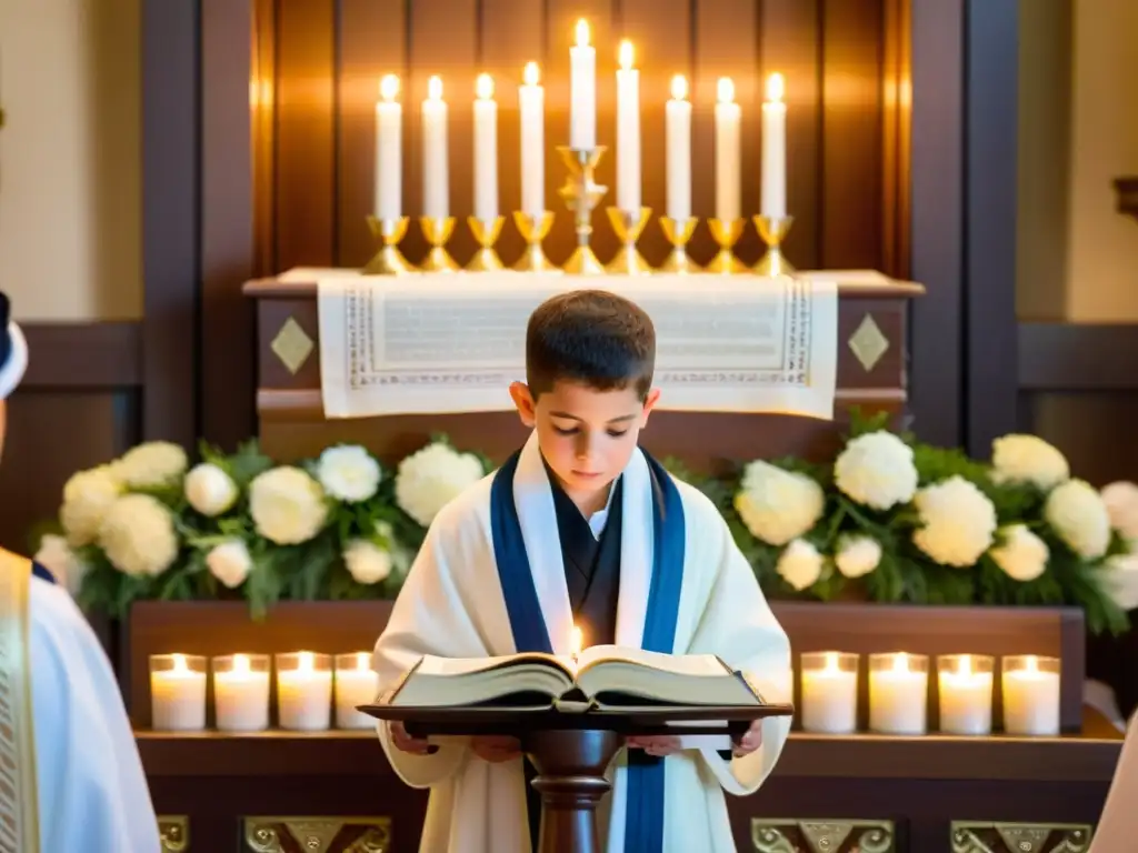 Un joven niño judío lee la Torá durante su Bar Mitzvah, rodeado de familia y comunidad en una atmósfera reverente y tradicional