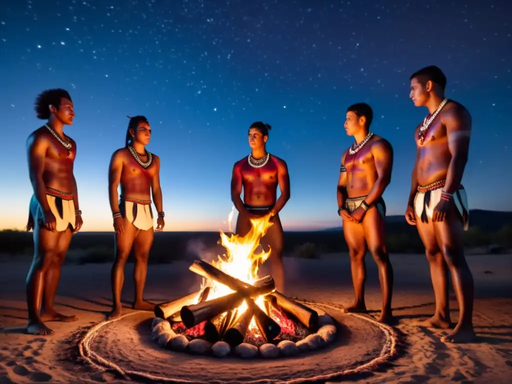 Jóvenes aborígenes realizan un antiguo ritual alrededor de la fogata bajo el cielo estrellado, reflejando rituales de valentía en la juventud aborigen