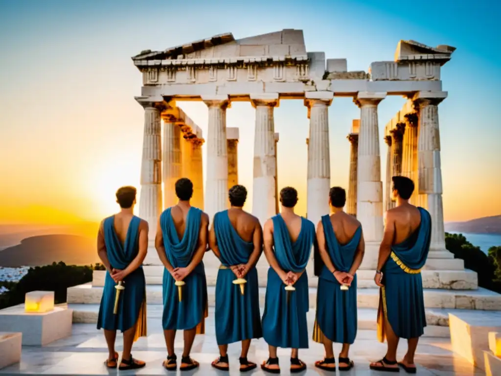 Jóvenes en chitones y laureles frente a templo griego al atardecer