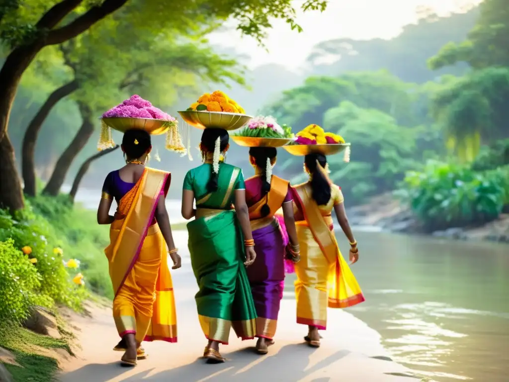 Jóvenes en saris coloridos y joyas llevando ofrendas para Saraswati Puja en India durante el equinoccio de primavera