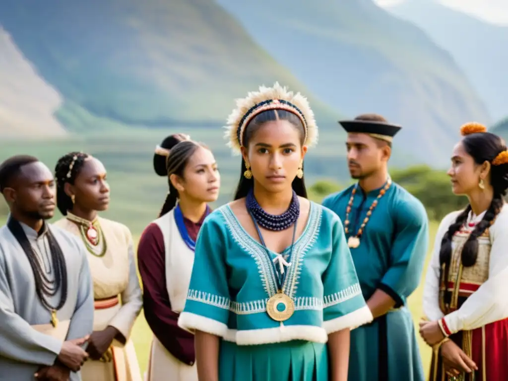 Jóvenes de diferentes culturas en ceremonia de transición juvenil, con vestimenta representativa, en escenario natural con montañas