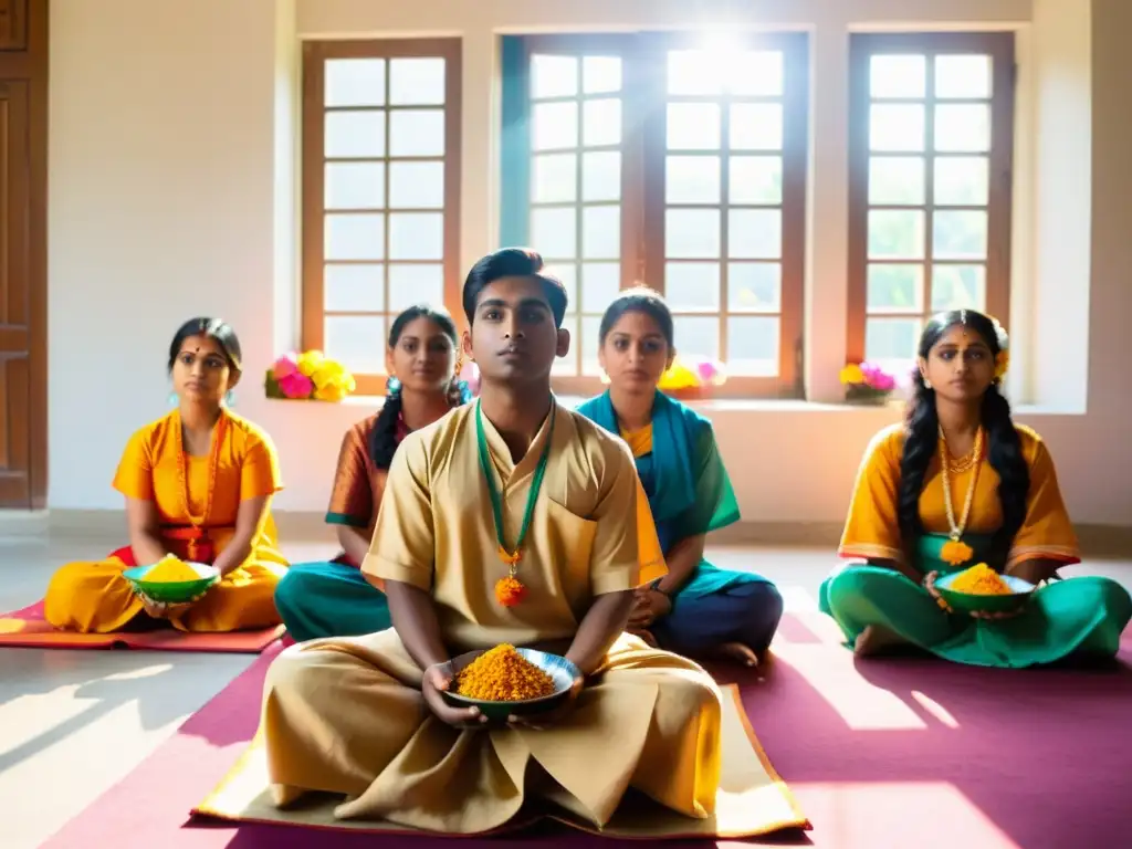 Jóvenes estudiantes celebran el Saraswati Puja en India, rodeados de flores y devoción, durante el equinoccio de primavera