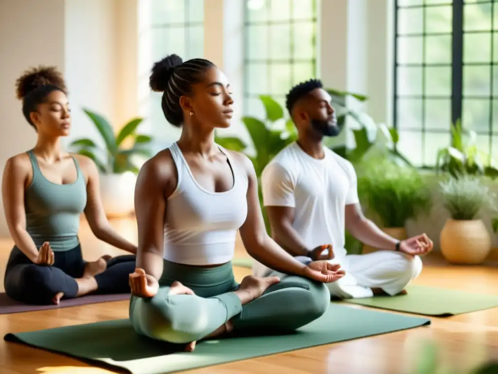 Jóvenes en meditación: serenidad y conexión natural Jóvenes diversos meditan en un estudio sereno con luz suave y plantas exuberantes, reflejando paz interior