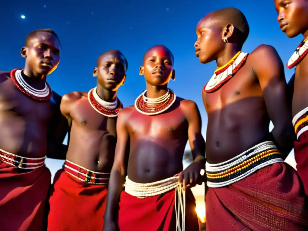 Jóvenes Masái bailando alrededor de una fogata en la sabana africana, en un ritual de pasaje lleno de color y tradición Masái