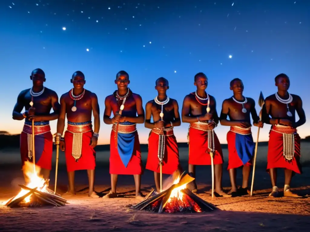 Jóvenes guerreros Maasai realizan un ritual de iniciación alrededor de una fogata bajo el cielo estrellado en la Reserva Nacional de Maasai Mara, Kenia