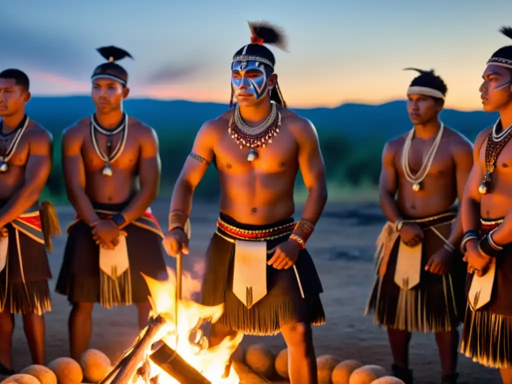 Jóvenes guerreros tribales realizan un ritual alrededor de una fogata en la selva