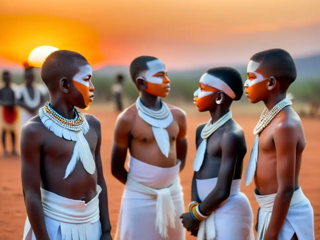 Jóvenes indígenas realizan un ritual de iniciación en una aldea africana remota al atardecer, transmitiendo tradición y vitalidad