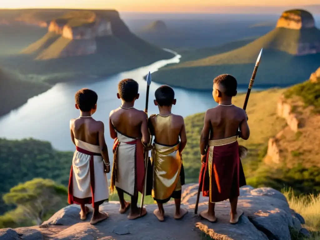 Jóvenes indígenas en ritual de valentía, mirando un paisaje impresionante al atardecer