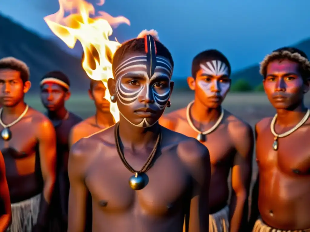 Jóvenes iniciados en ceremonia tribal alrededor de una fogata, inmersos en rituales y tradiciones ancestrales