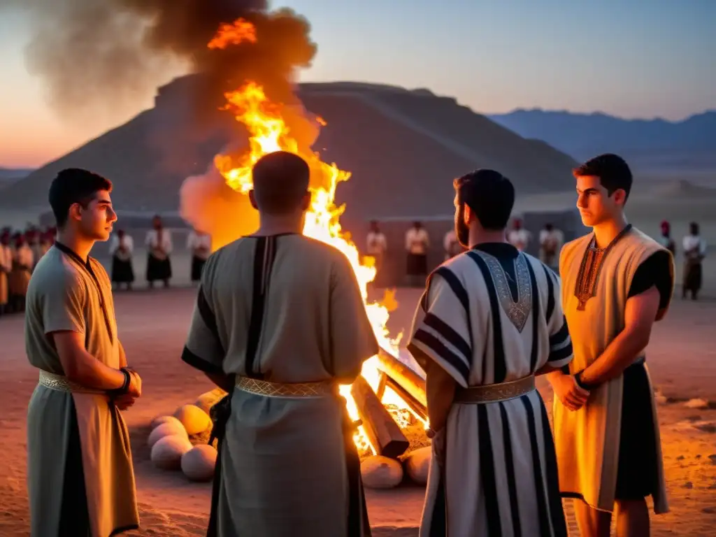 Jóvenes iniciados mesopotámicos rodean el fuego en un ritual de iniciación, con patrones ceremoniales y símbolos antiguos