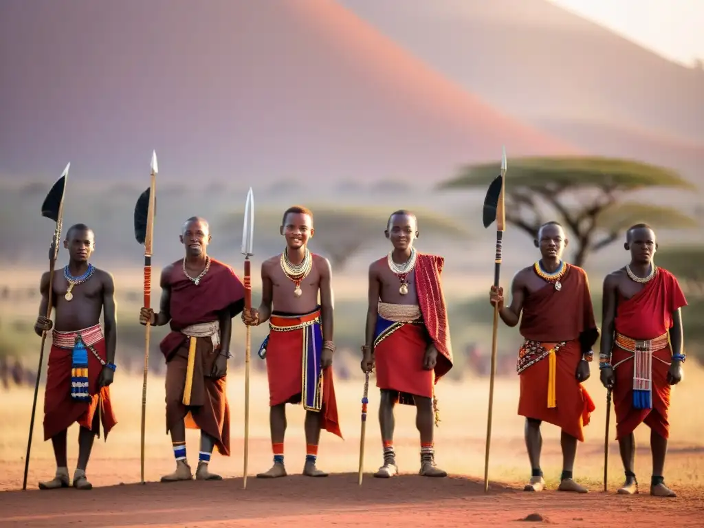 Jóvenes Maasai en ritual de iniciación, ataviados con joyería colorida y armas tradicionales, cantando al atardecer en la sabana africana