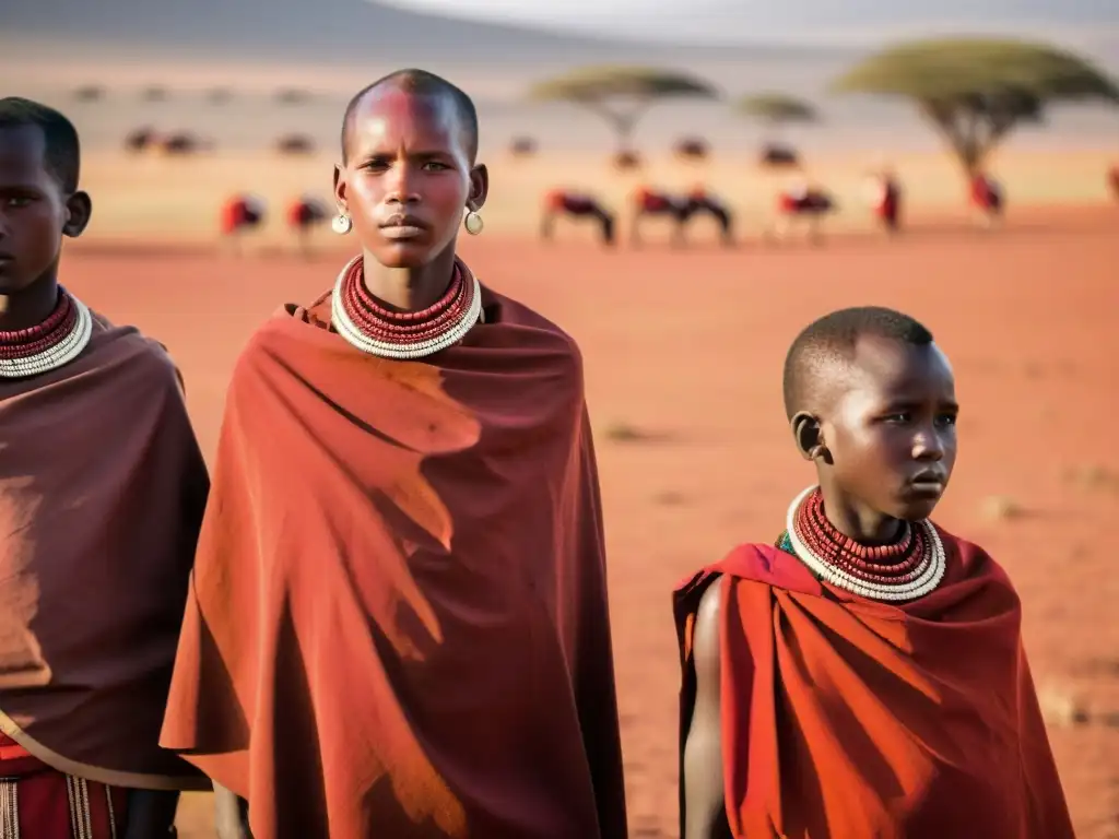 Jóvenes Masái cubiertos de rojo y joyas de cuentas se preparan para ritos de pasaje en la sabana africana, bajo el cálido sol de la mañana