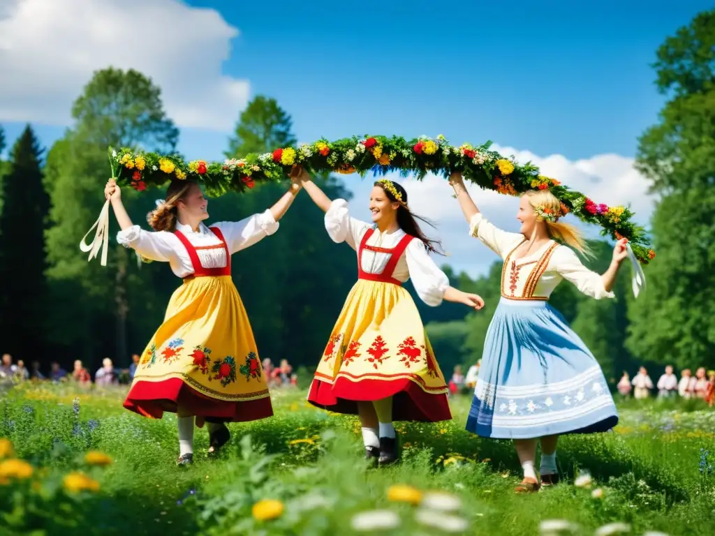 Jóvenes mujeres suecas danzando alrededor del maypole en un prado soleado, evocando rituales de verano y fertilidad en Suecia