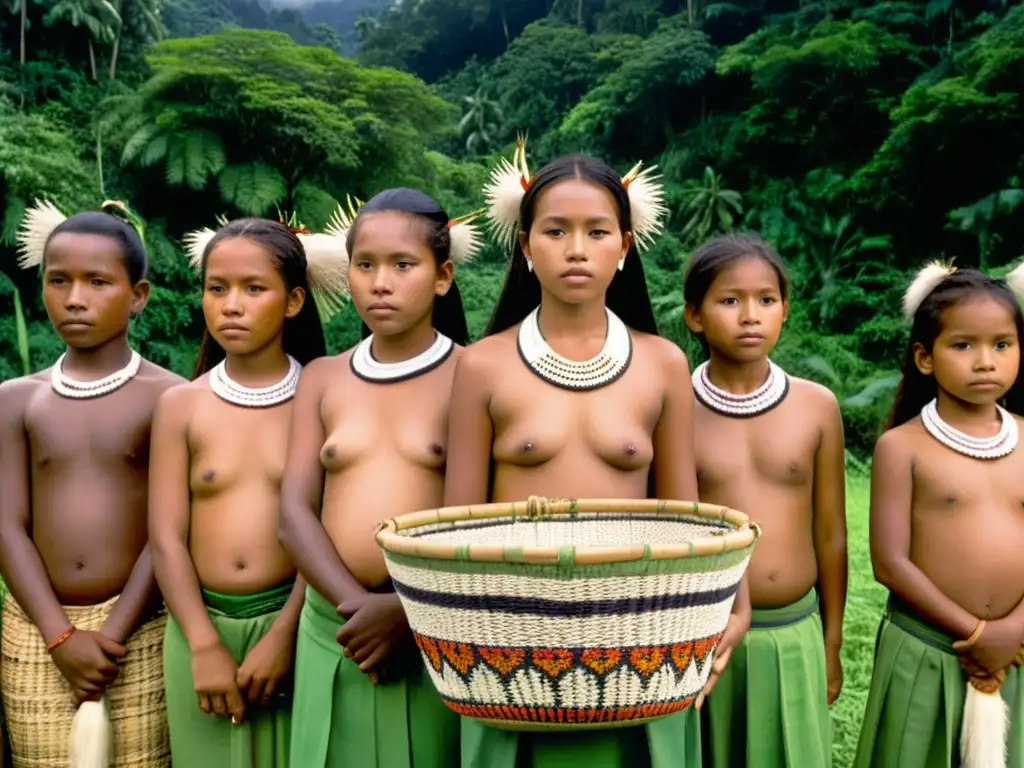 Jóvenes mujeres Tukano en rito de paso, adornadas con pigmentos naturales, rodeadas de la comunidad en la selva