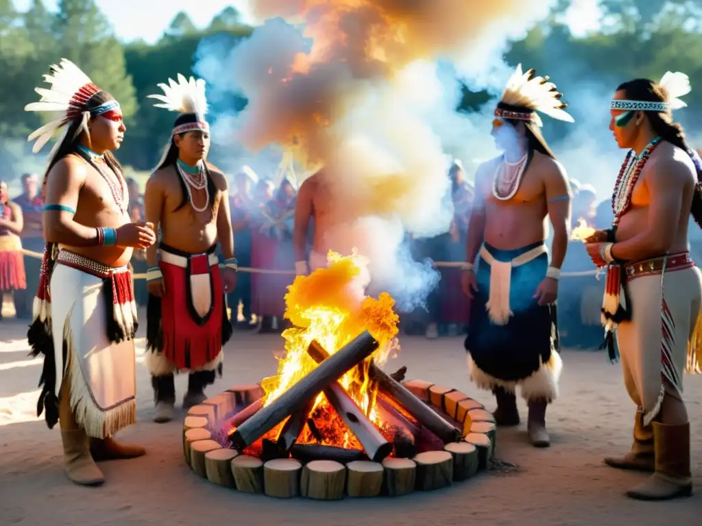 Jóvenes nativos americanos danzando alrededor del fuego sagrado en un ritual de iniciación de las llanuras norteamericanas