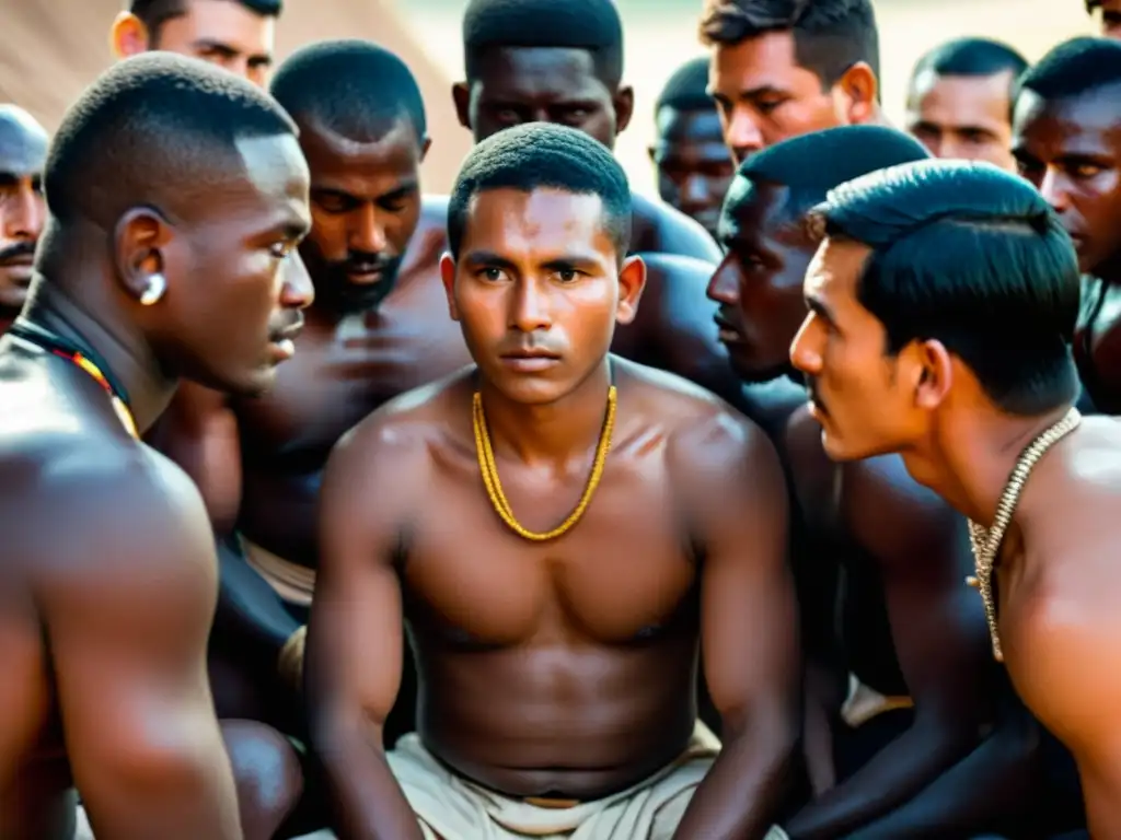 Jóvenes participando en pruebas de masculinidad en rituales tradicionales, mostrando intensidad y determinación