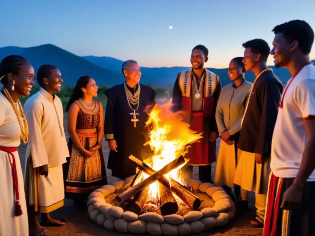 Jóvenes participan en ritual de transición en sociedad, alrededor de fogata, con rostros iluminados por el fuego en noche estrellada