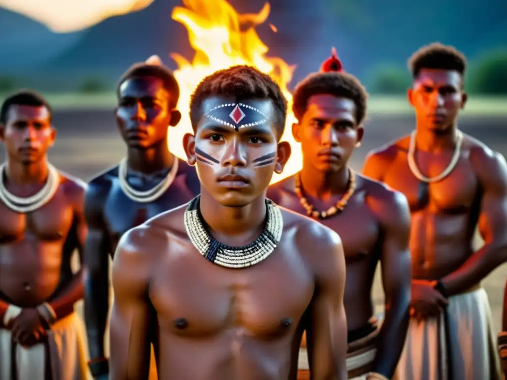 Jóvenes en ritual tribal, rostros pintados y armas en mano, en un rito de paso