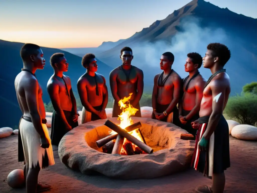 Jóvenes participando en rituales de iniciación masculina, pintados y en círculo alrededor del fuego