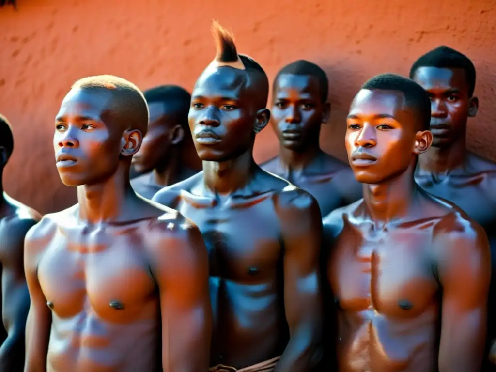 Jóvenes de la tribu Himba en Namibia realizan rituales de iniciación en culturas, cubiertos de ocre y grasa, simbolizando su paso a la adultez