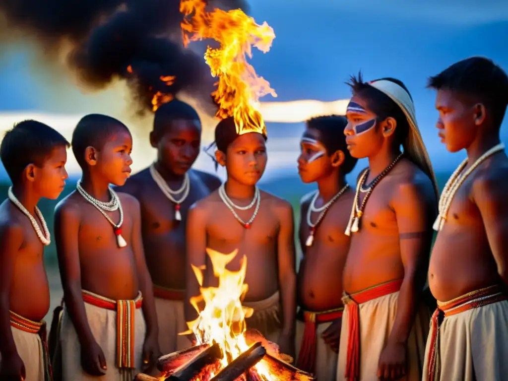 Jóvenes de tribu remota participan en ritos de pubertad en culturas alrededor de fogata nocturna