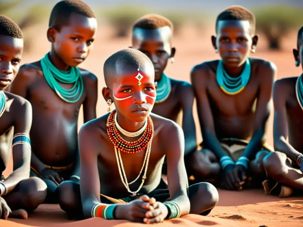 Jóvenes de la tribu Samburu en Kenia participando en ritos de pubertad en culturas, rodeados de sabana africana y ancianos realizando rituales