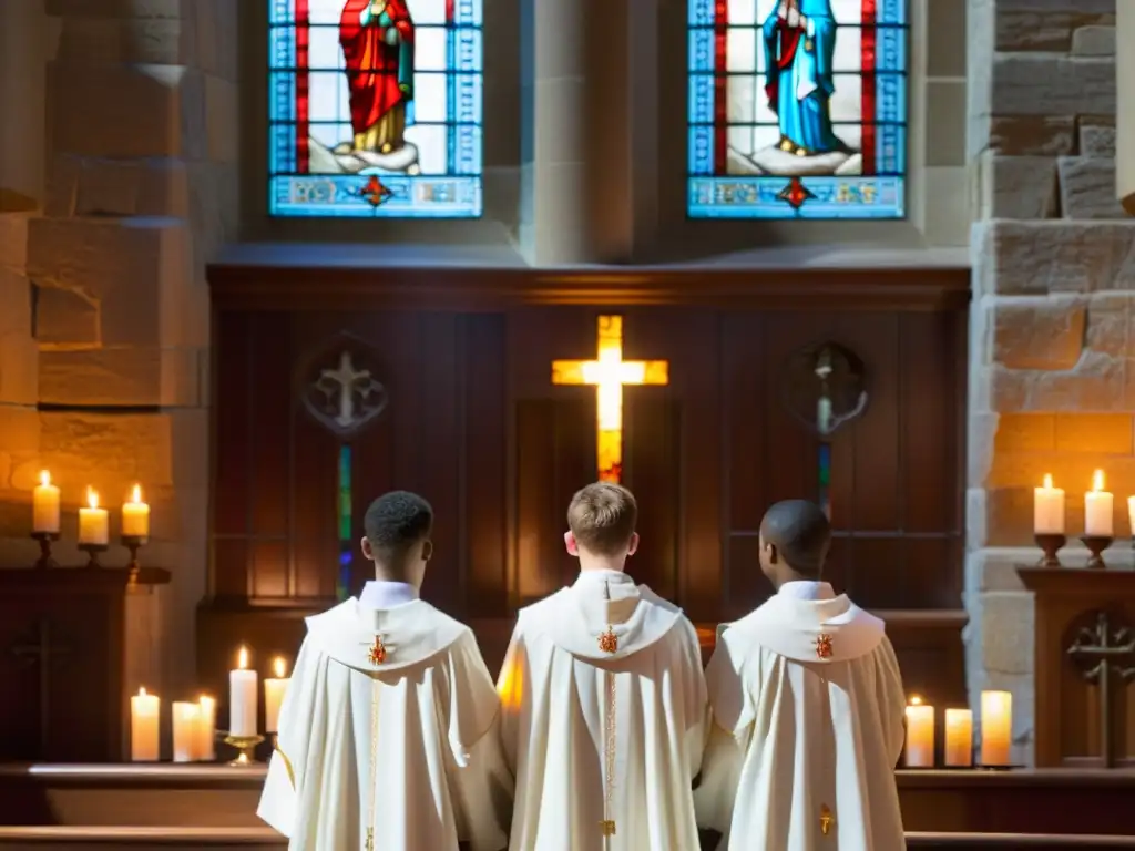 Sacramento de confirmación: Jóvenes en la iglesia Jóvenes en túnicas blancas celebran la confirmación cristiana en una iglesia antigua, iluminados por velas y vitrales
