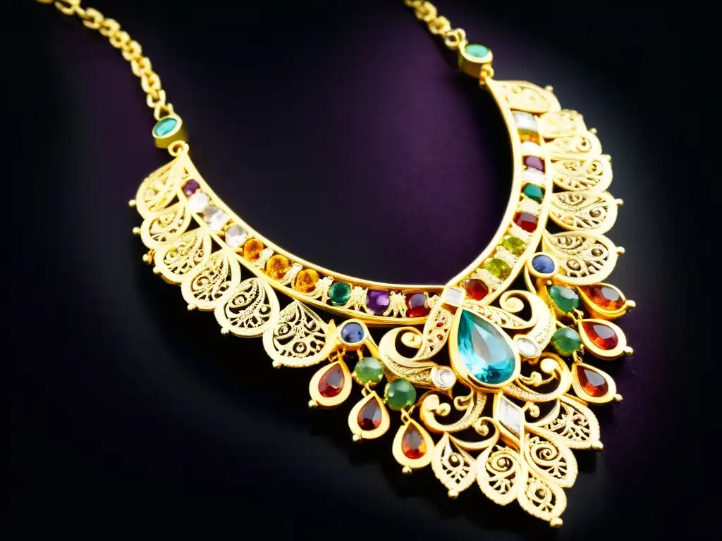 Una joyería divina en rituales religiosos: un collar de oro exquisitamente elaborado con gemas coloridas, filigranas y un brillo cautivador