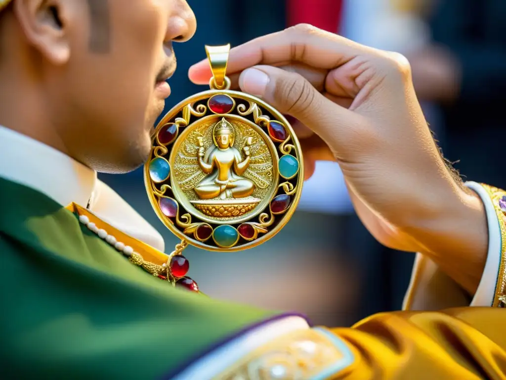 Una joyería en rituales religiosos divinos: un sacerdote unge un exquisito colgante de oro con gemas en un ritual de purificación ancestral