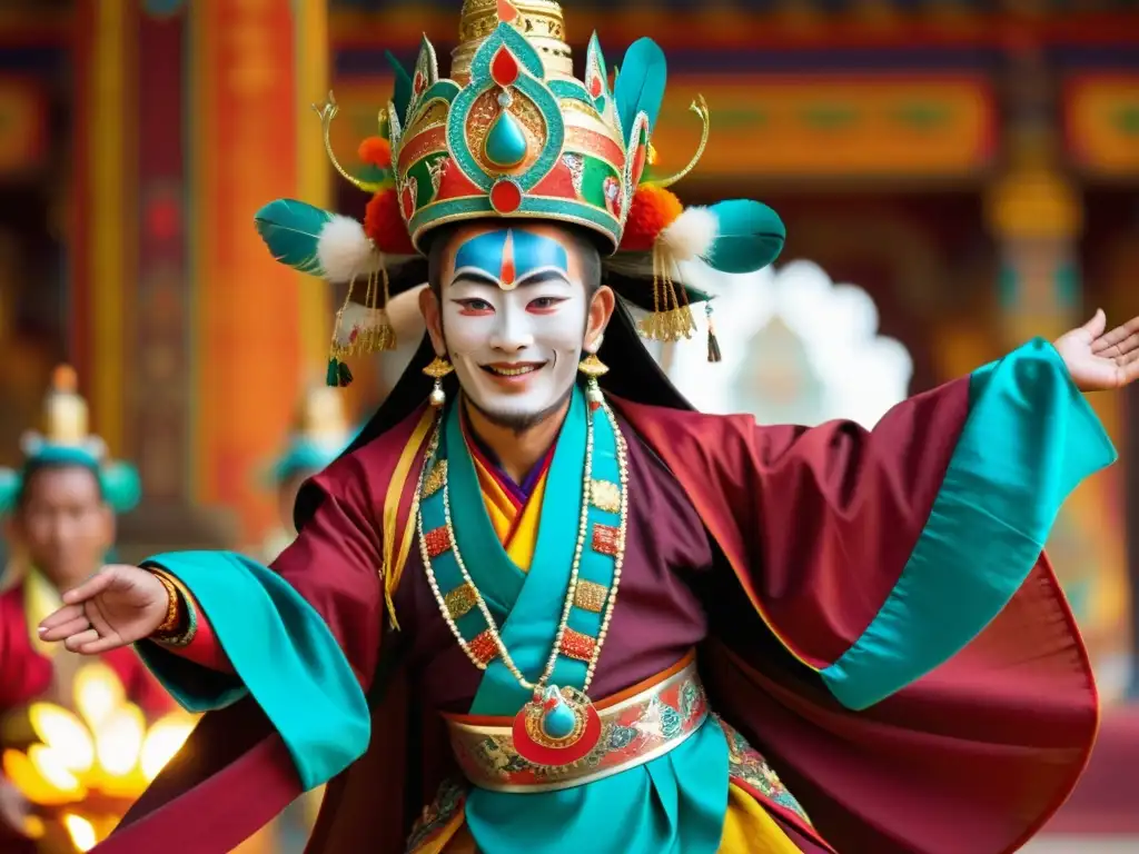 Un lama tibetano realiza la danza sagrada Cham en un templo ricamente decorado, evocando sabiduría ancestral y poder espiritual