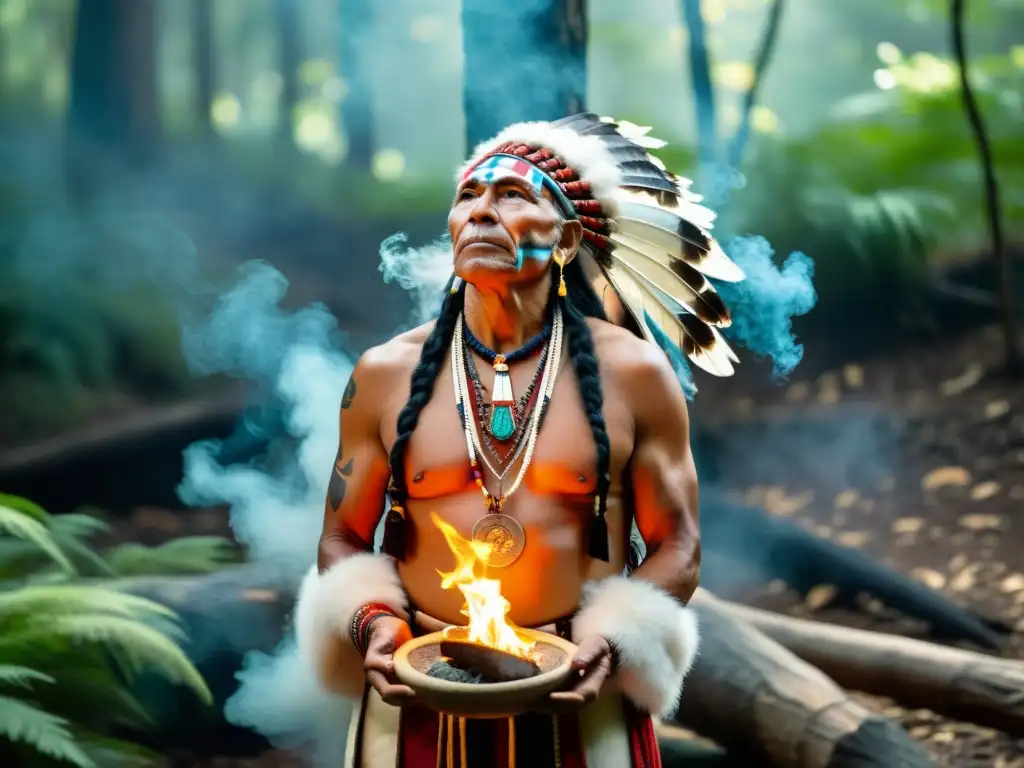 Un líder espiritual nativo americano realiza un ritual sagrado en la naturaleza