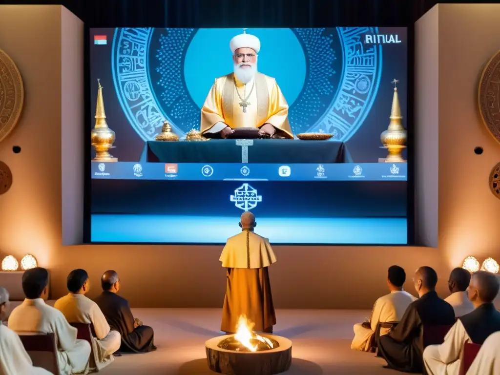 Un líder religioso realiza un ritual tradicional frente a una pantalla gigante con una transmisión en vivo del mismo ritual