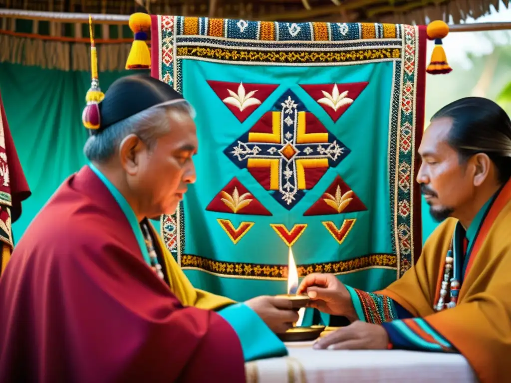 Líderes espirituales realizan un ritual con mantos ceremoniales de significado espiritual en un entorno sereno