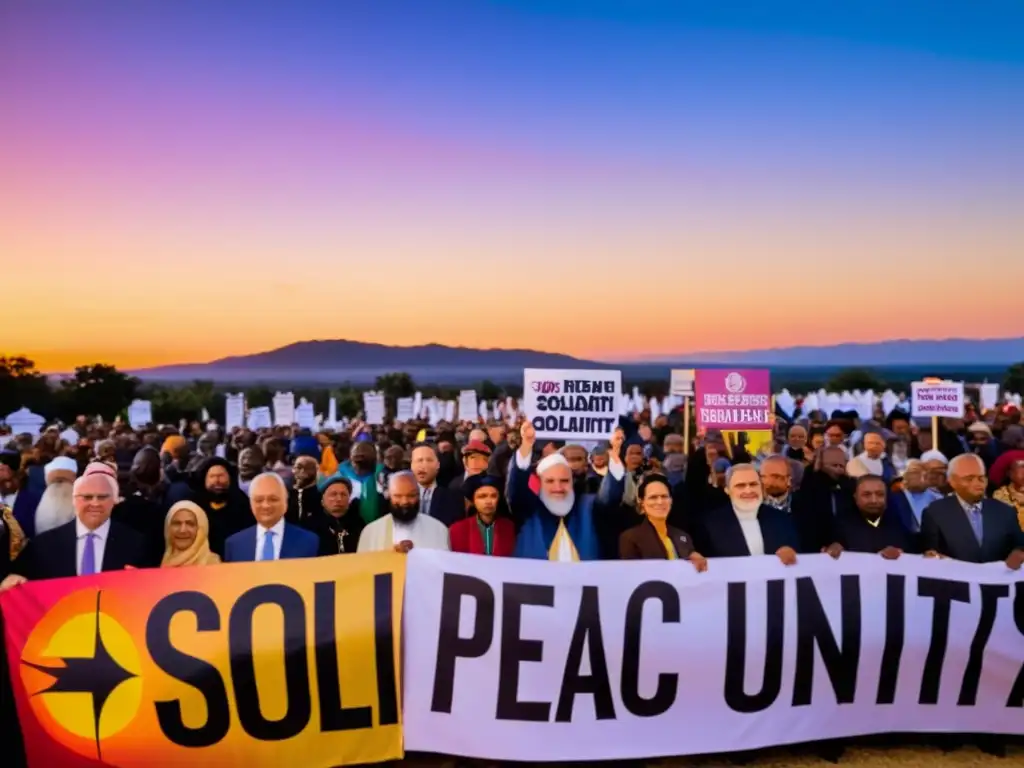 Líderes religiosos y movimientos sociales unidos en esperanza y solidaridad bajo un cálido atardecer vibrante