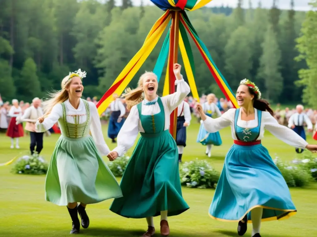 Locales suecos celebrando los rituales de verano y fertilidad alrededor de un maypole decorado, en un claro soleado rodeado de exuberante vegetación