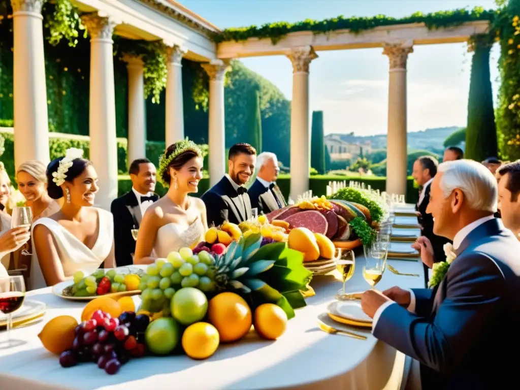 Una lujosa escena de banquete de bodas romano en un jardín opulento, con nobles en togas, frutas exóticas y vino