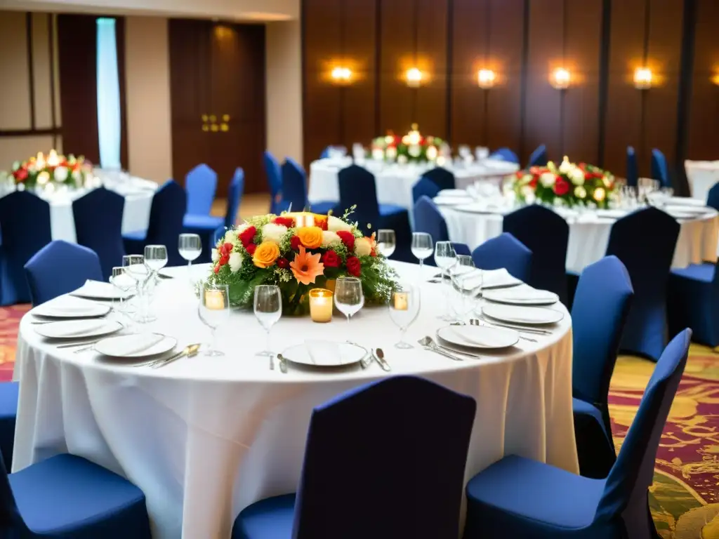 Una lujosa sala de banquetes decorada con mesas largas y elegantes, cubiertas de manteles blancos, cristalería reluciente y vibrantes centros florales