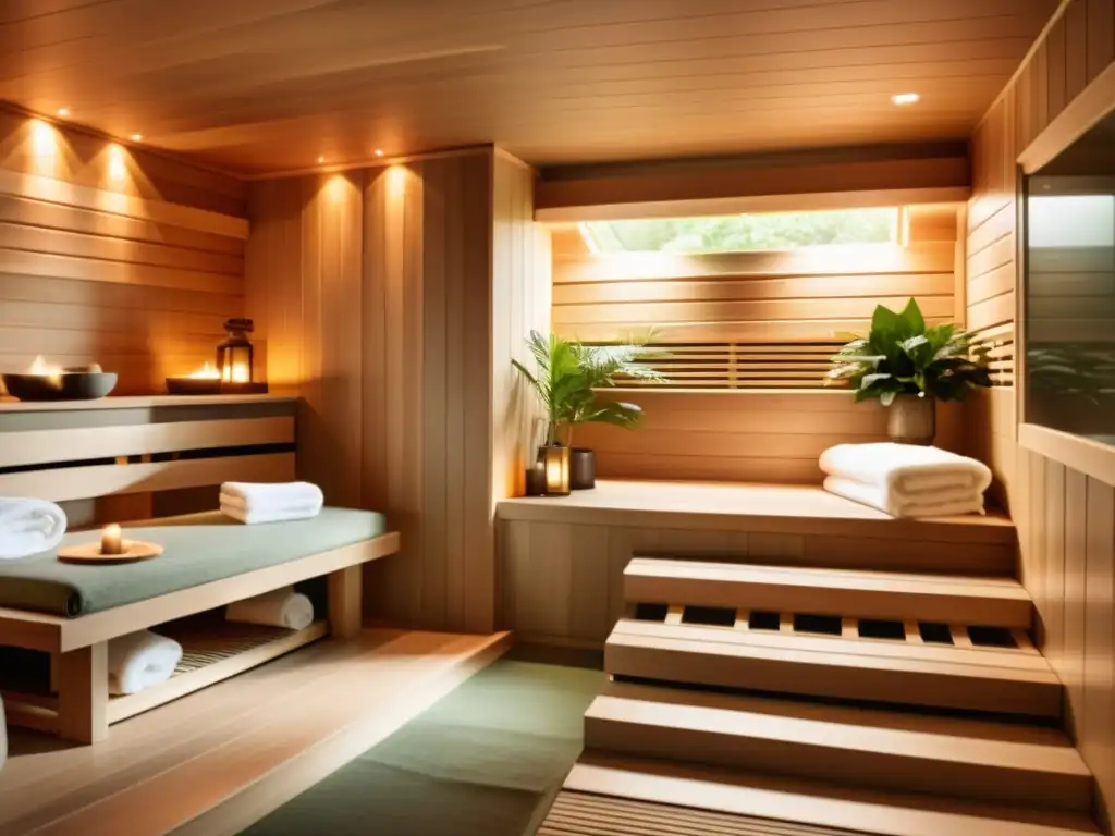 Un lujoso sauna de madera se encuentra en un spa sereno, rodeado de plantas verdes