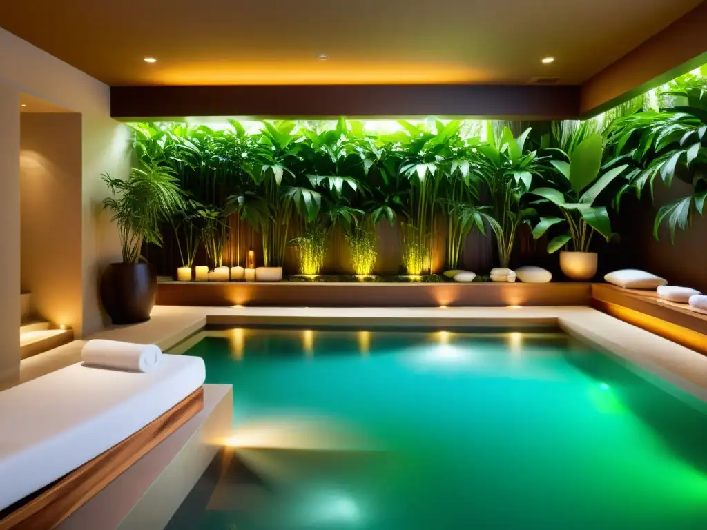 Un lujoso spa sereno con luz ambiental, vegetación exuberante y una piscina tranquila