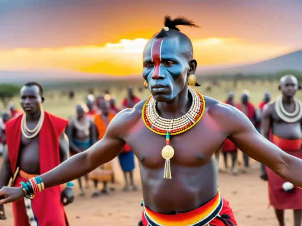 Maasai guerrero danza ritual de iniciación en la sabana africana al atardecer, rodeado de comunidad vestida con atuendos vibrantes, expresando cultura y tradición