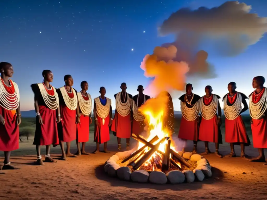 Maasai celebrando rituales de Año Nuevo alrededor del Mundo alrededor de una gran fogata en la sabana, con un ambiente místico y tradicional