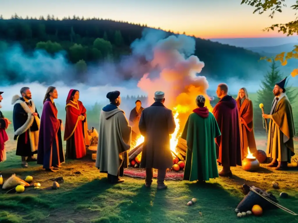 Celebración neopagana de Mabon en un bosque: participantes alrededor de una fogata, ofreciendo frutas y vegetales, música y danza