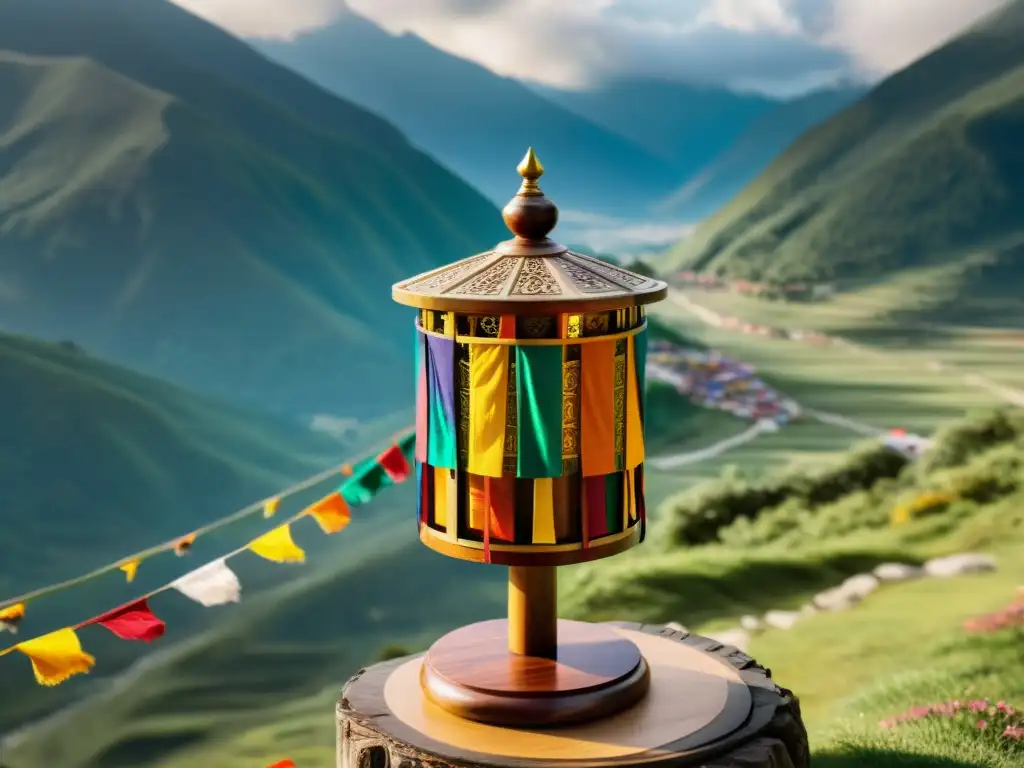 Prayer wheel de madera tallada con banderas de oración budistas ondeando en la brisa frente a un paisaje montañoso sereno