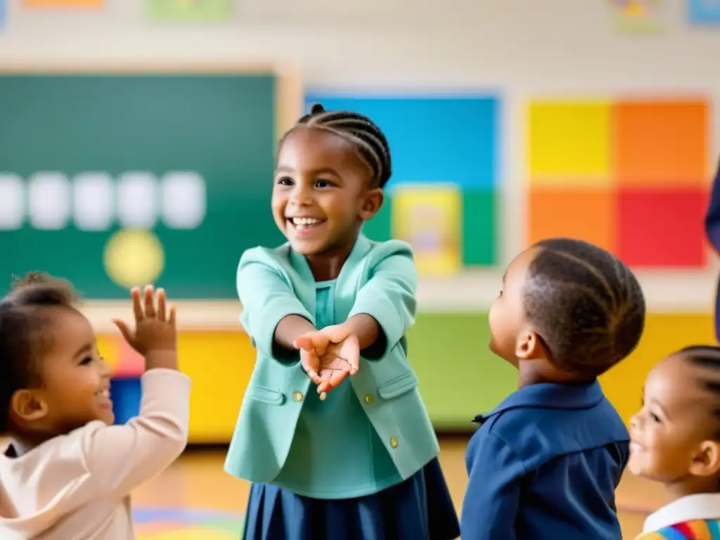 Maestra lidera ritual de bienvenida con niños sonrientes en círculo en aula acogedora