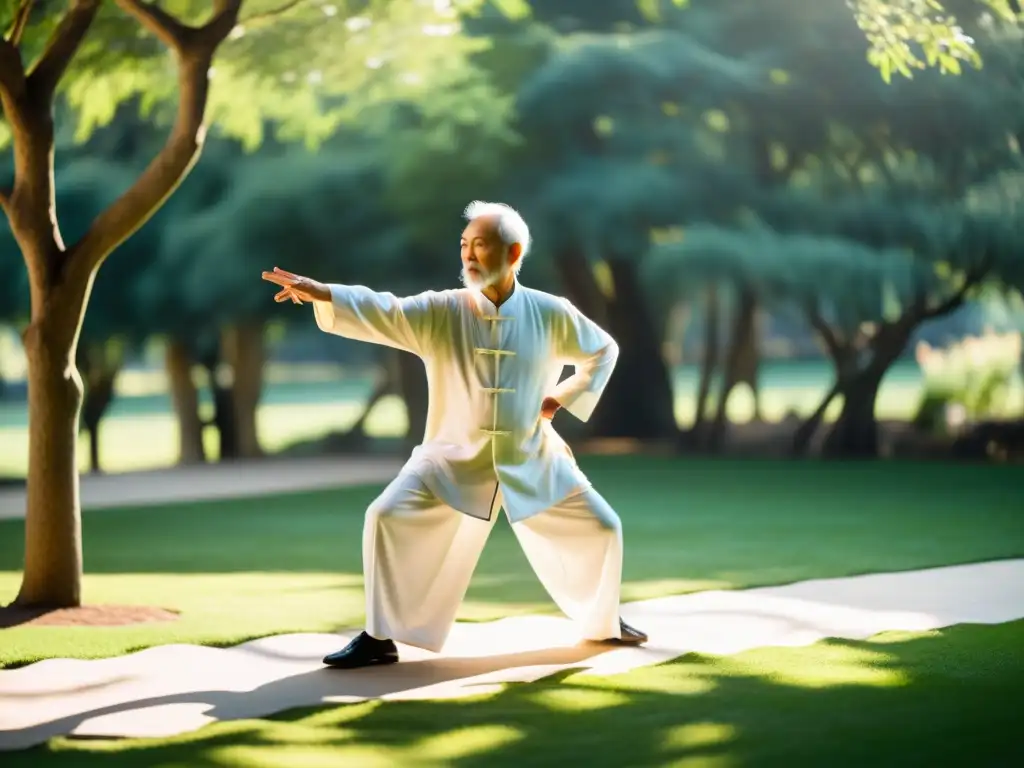 Un maestro anciano de Tai Chi realiza movimientos lentos y precisos en un jardín tranquilo, con luz solar entre los árboles